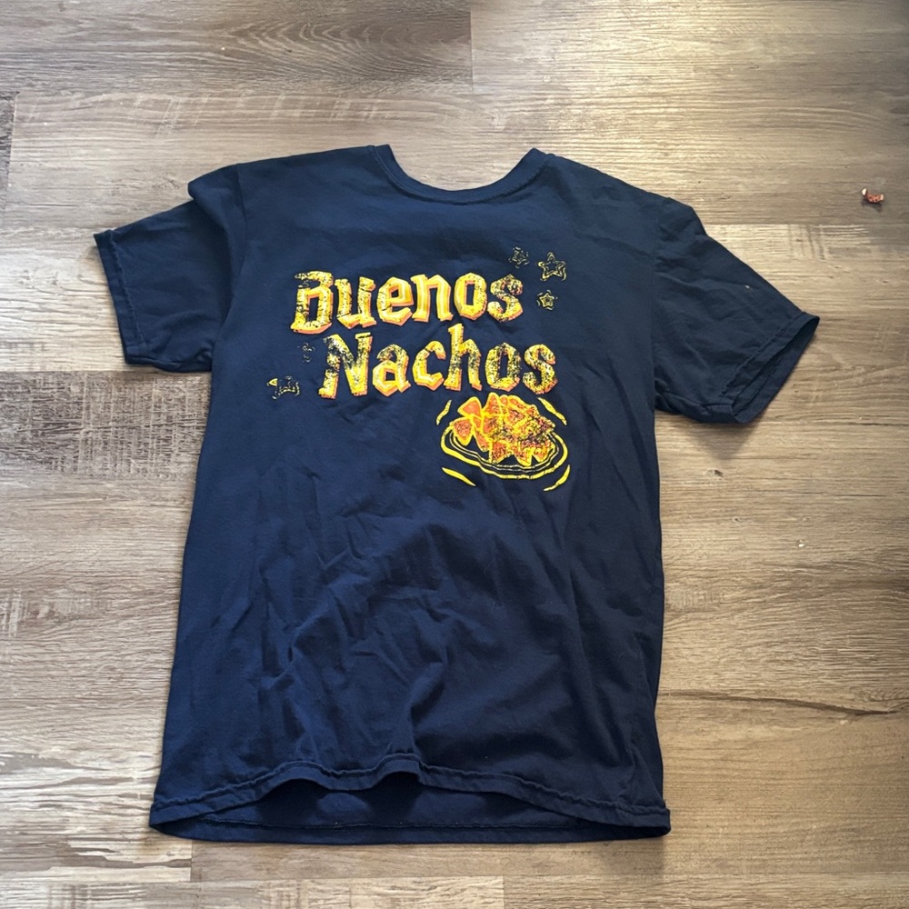 Faded Black Blue Graphic T-Shirt with Nachos Design